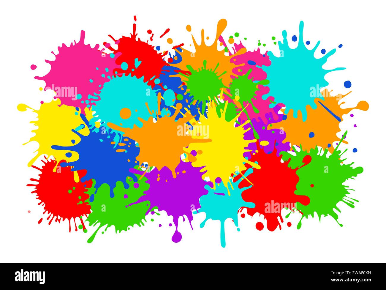 Bright colorful banner. Horizontal banner with colorful paint spots and splashes. Colorful blots, multicolored splash spray paints. Vector Stock Vector