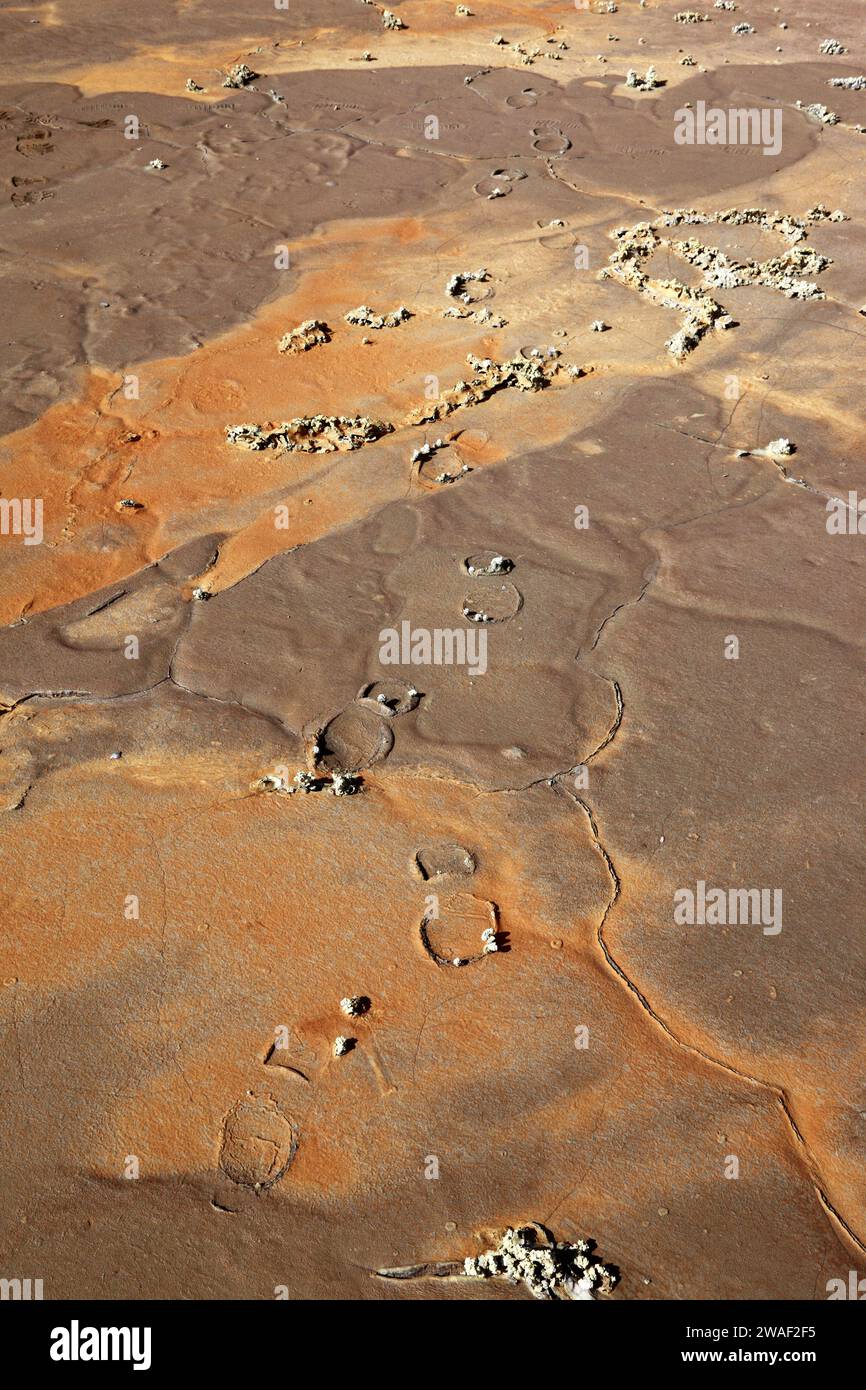 Detail of footprints in surface of tailings waste from nearby mines on outskirts of Potosi, Bolivia Stock Photo