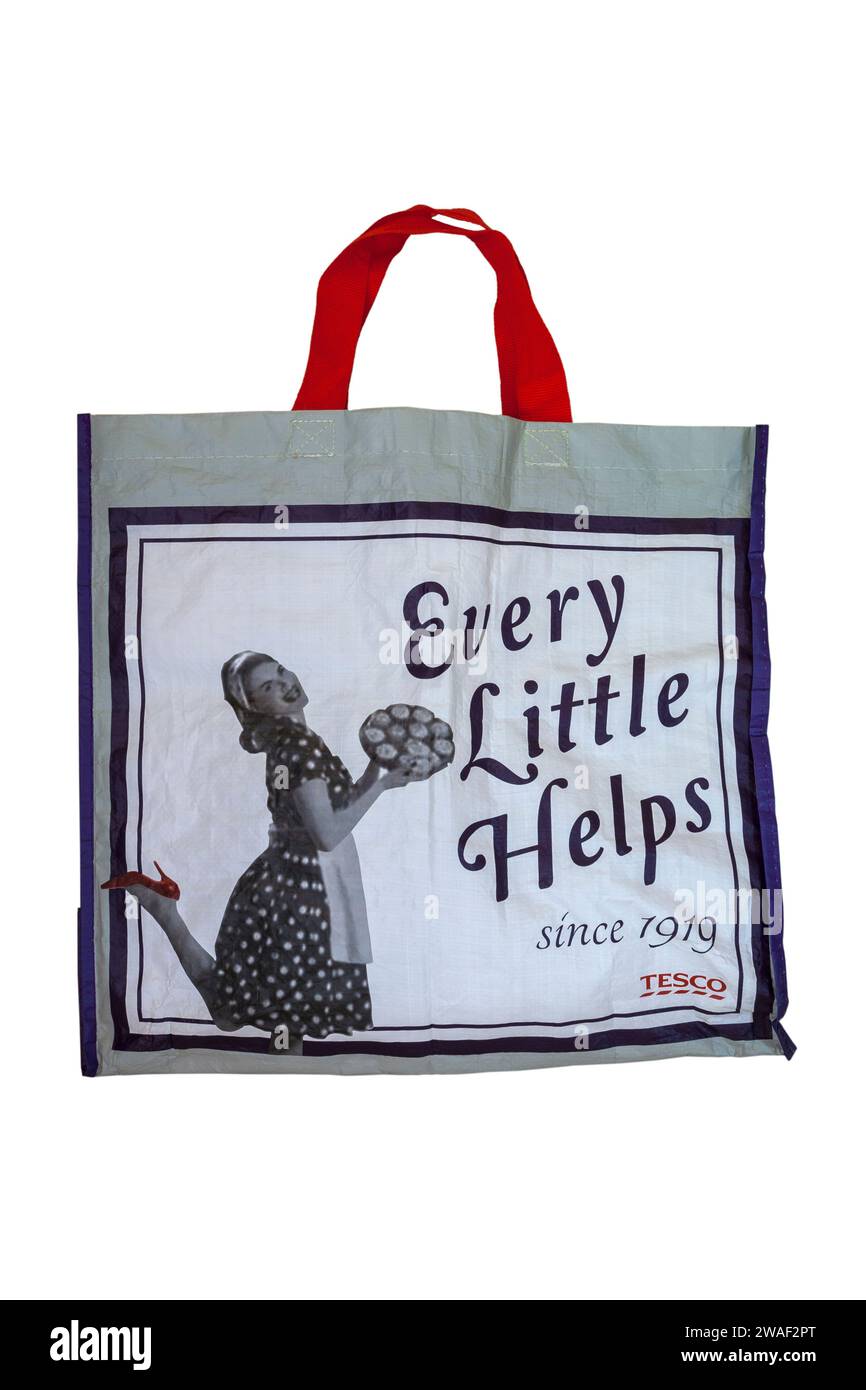 Every little helps since 1919 retro bag from Tesco isolated on white background Stock Photo
