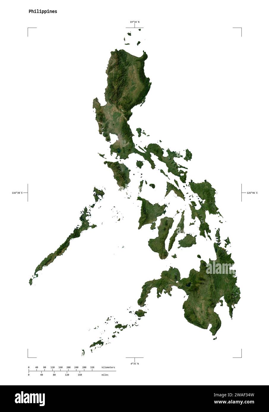 Shape of a low resolution satellite map of the Philippines, with distance scale and map border coordinates, isolated on white Stock Photo
