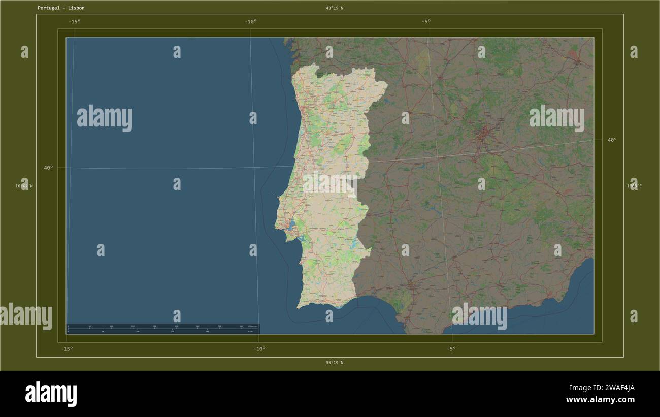 Portugal highlighted on a topographic, OSM standard style map map with