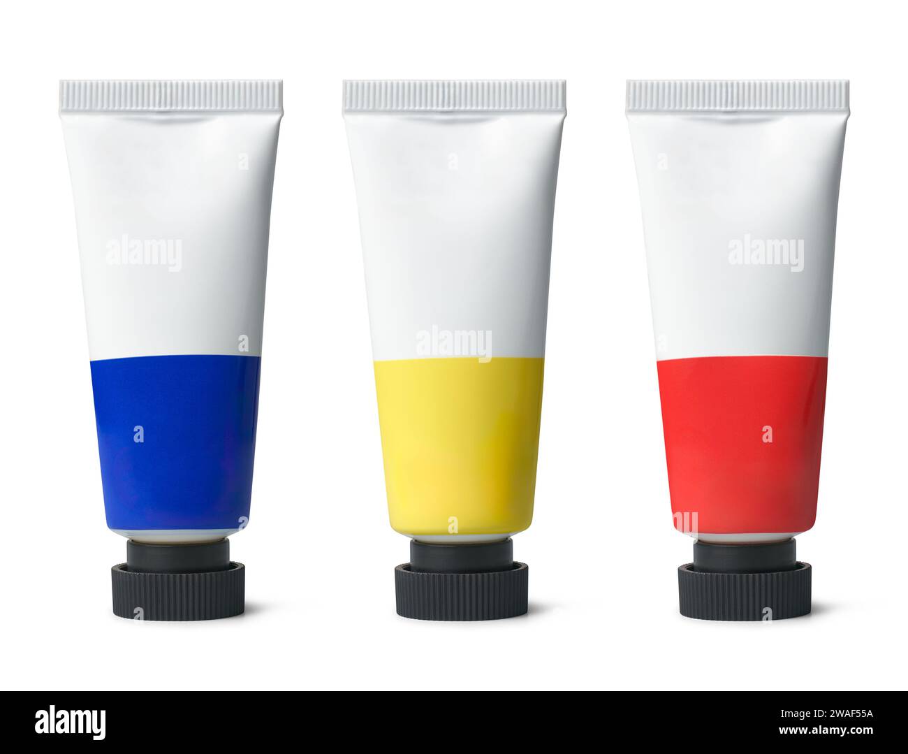 set of artist's paint tubes with black cap isolated on white background, art supplies of primary colors blue, yellow and red, mock-up template of oil Stock Photo