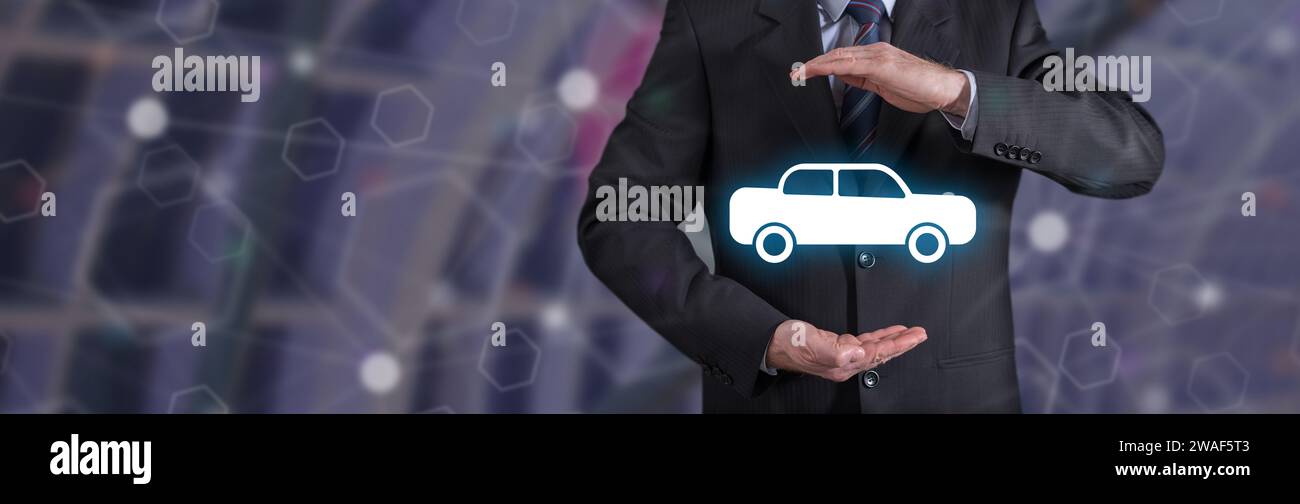 Car insurance concept with businessman in a protective gesture Stock Photo