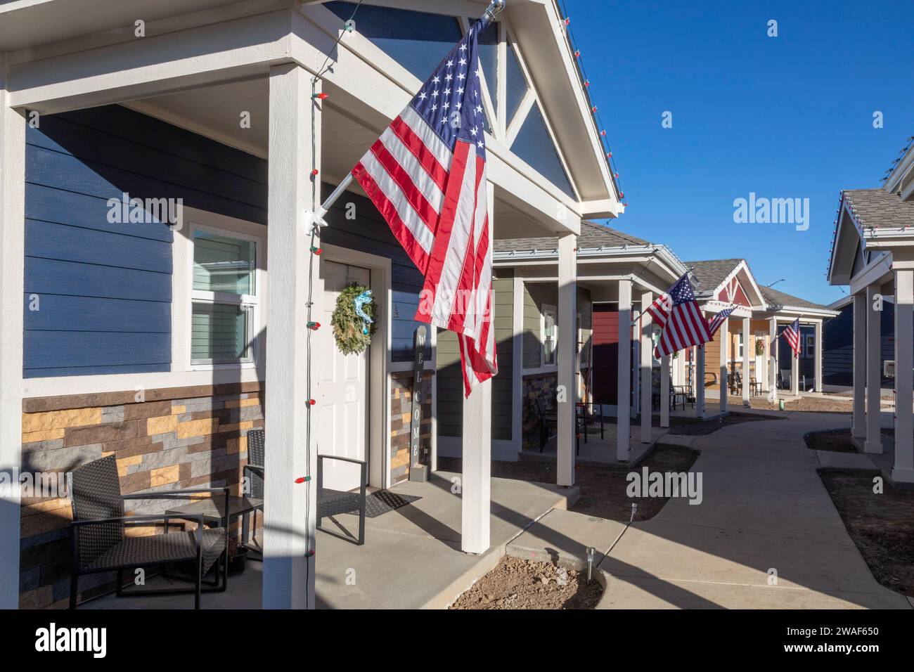 Longmont, Colorado - The Veterans Community Project is building tiny homes for homeless veterans. The development has 26 homes, ranging from 240 squar Stock Photo
