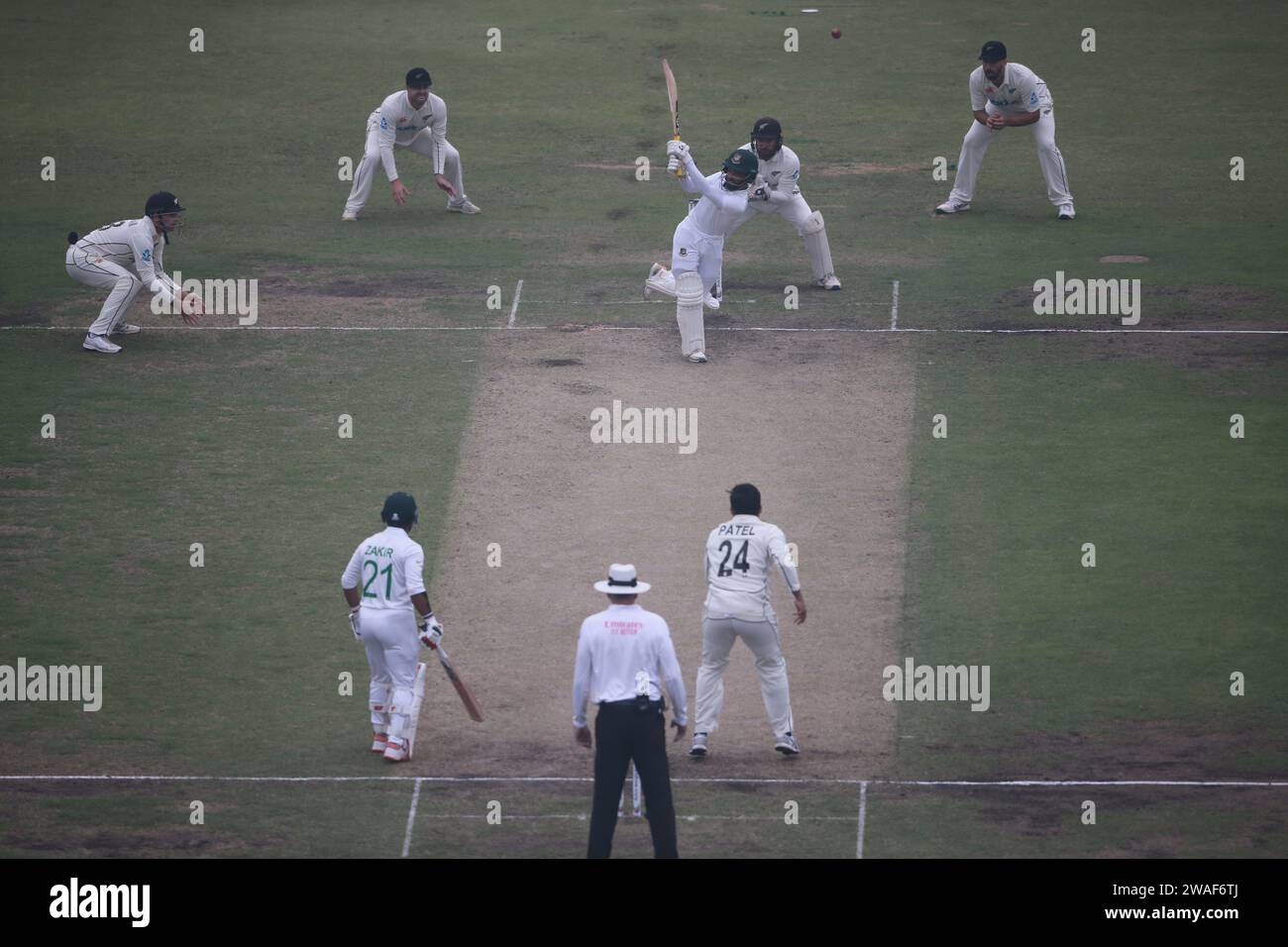 Bangladeshi batter Mominul Haque bats during Bangladesh-New Zealand 2nd Test Day Four at Sher-e-Bangla National Cricket Stadium, Mirpur, Dhaka, Bangla Stock Photo