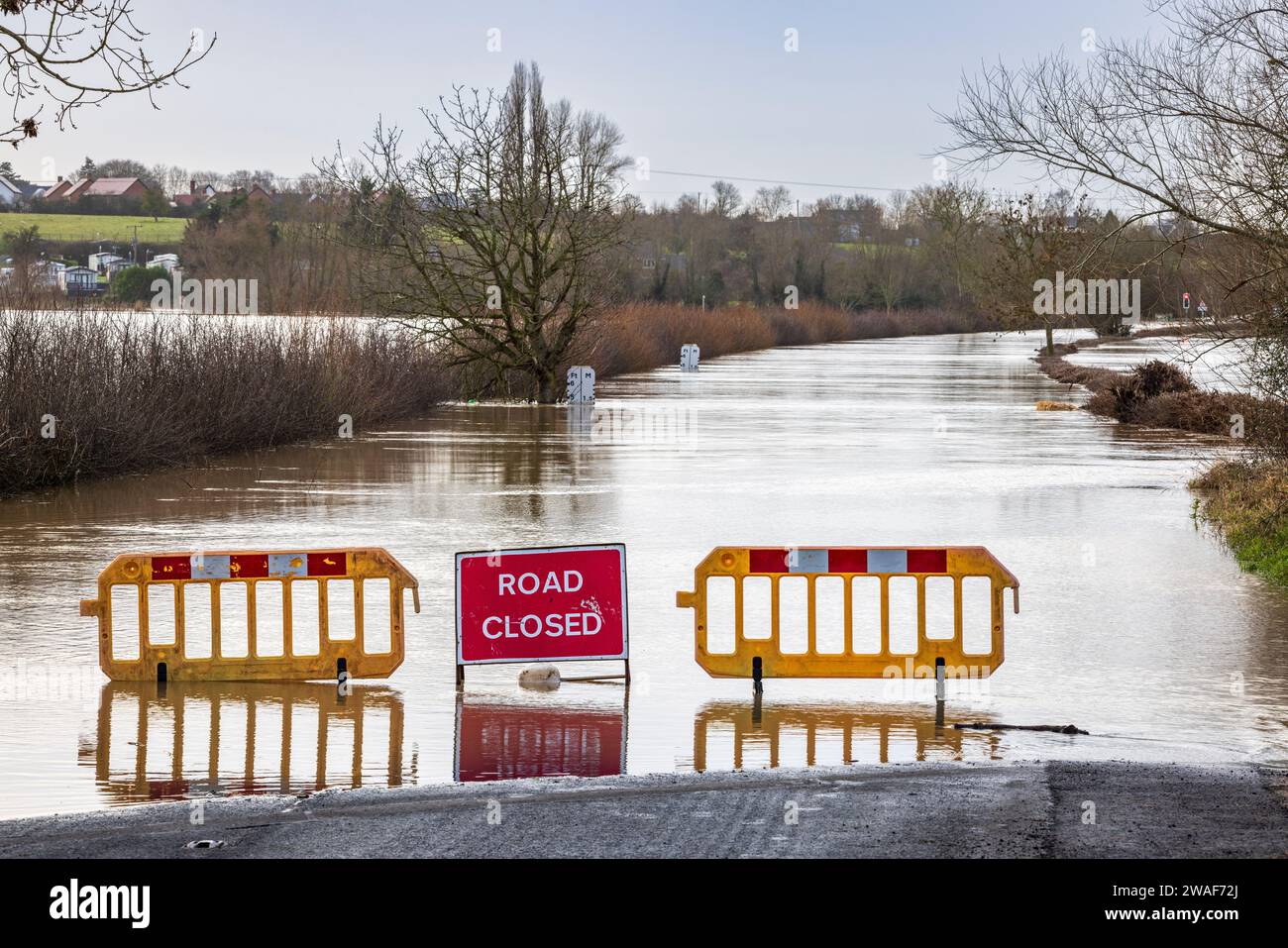 The flooded River Avon on the road to Eckington bridge in January 2024