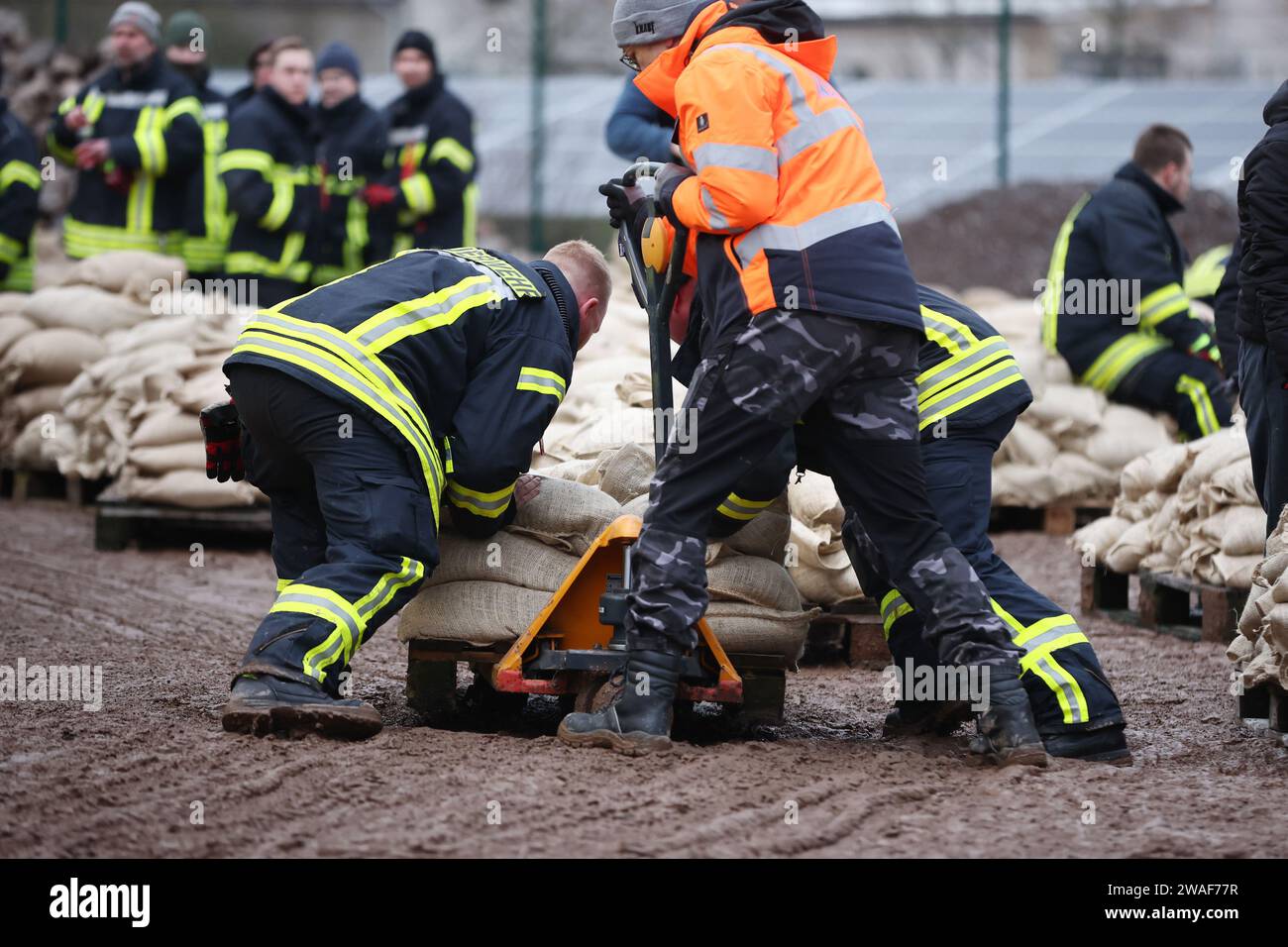 Berga, Germany. 04th Jan, 2024. Helpers load a pallet truck with ...