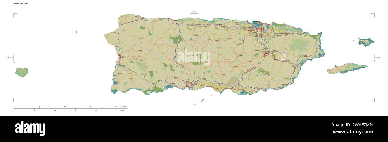 Shape of a topographic, OSM Humanitarian style map of the Puerto Rico ...