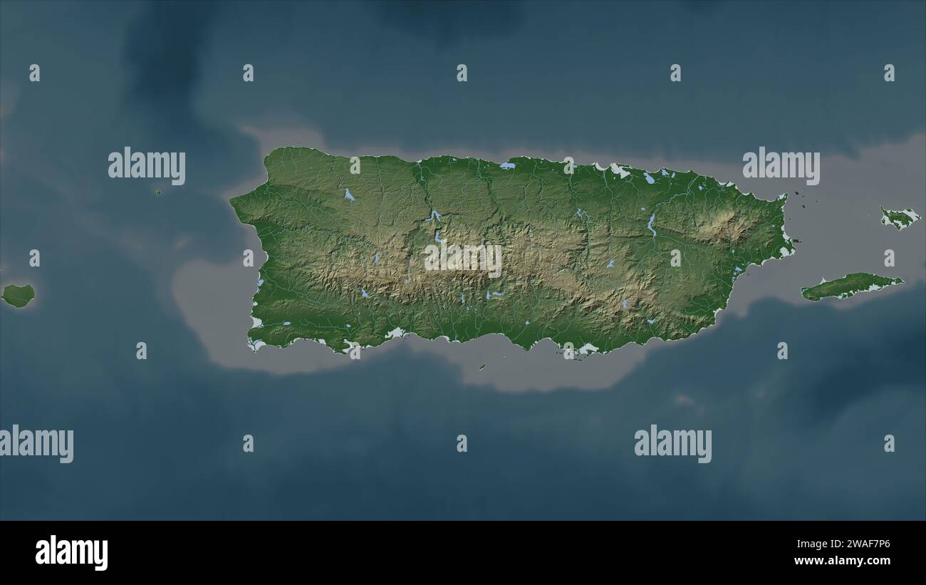 Puerto Rico USA highlighted on a Pale colored elevation map with