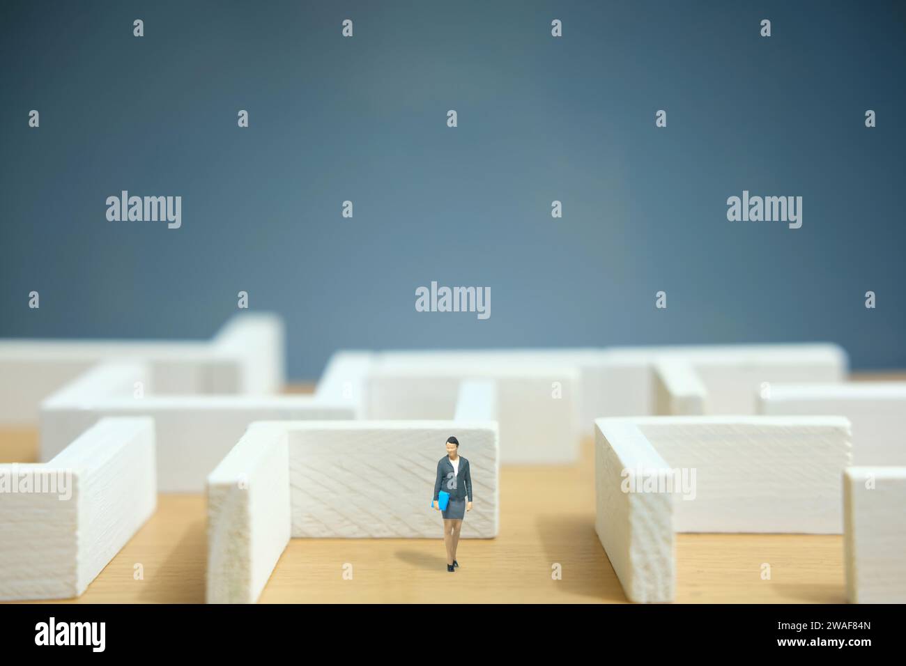 Miniature people toy figure photography. Exit business problem and solution concept. A businesswoman standing in front of maze labyrinth entrance. Ima Stock Photo