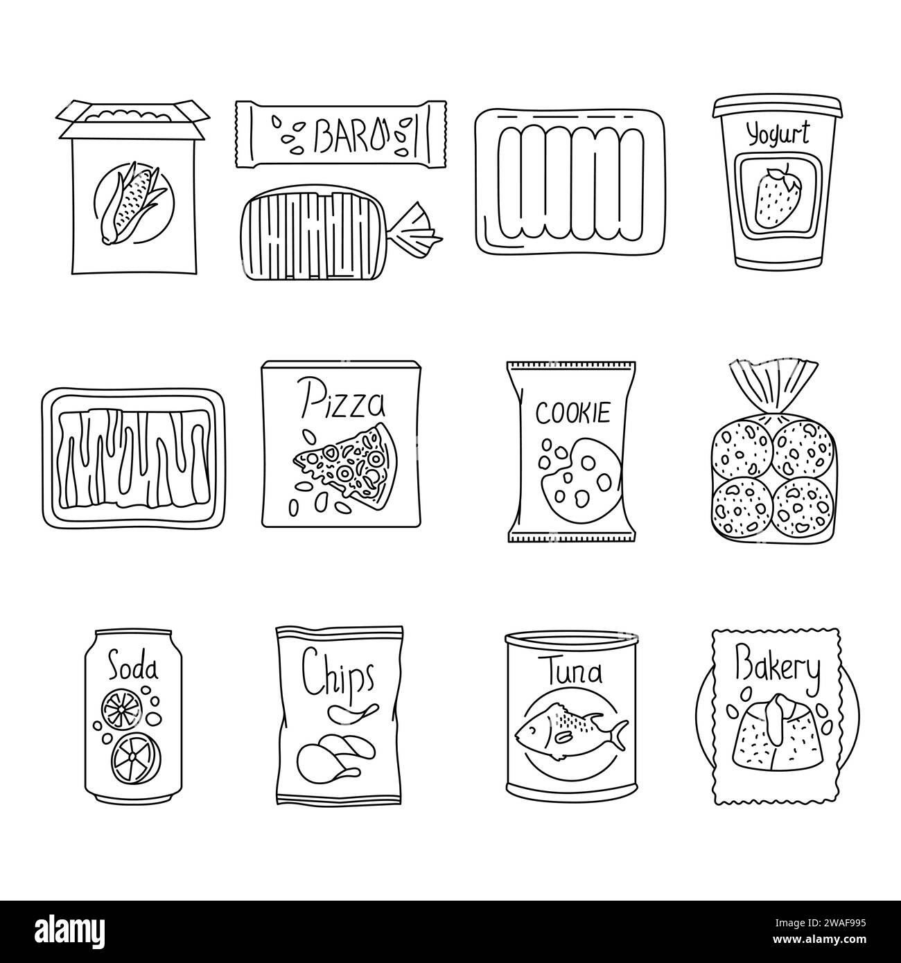 Cartoon hand drawn unprocessed food color elements. Isolated vector illustration. Stock Vector