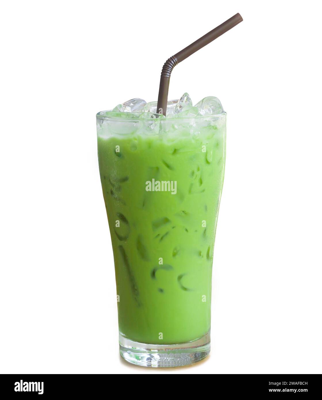 Iced matcha latte or Thai condensed milkadded green tea in transparent glass with black straw
