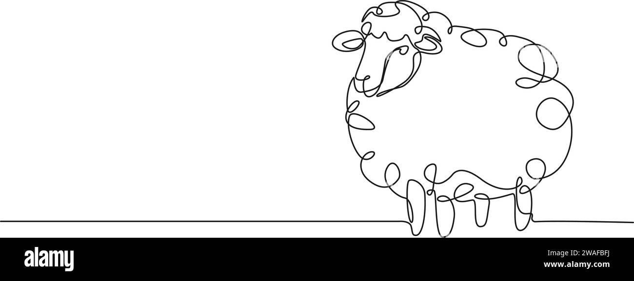continuous single line drawing of domestic sheep, line art vector illustration Stock Vector