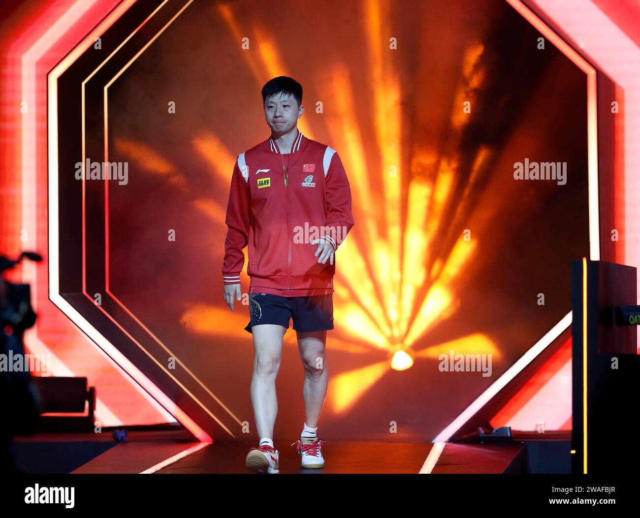 Doha, Qatar. 4th Jan, 2024. Ma Long shows up before the men's singles quarterfinal between Ma