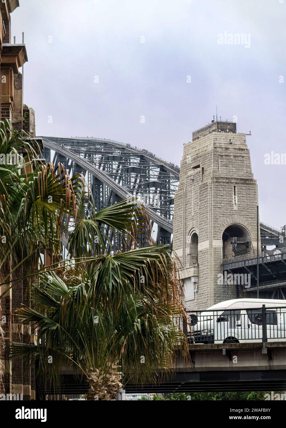 A multi-layered view of one of the south bridge pylons of the Sydney Harbor Bridge from The Rocks Stock Photo