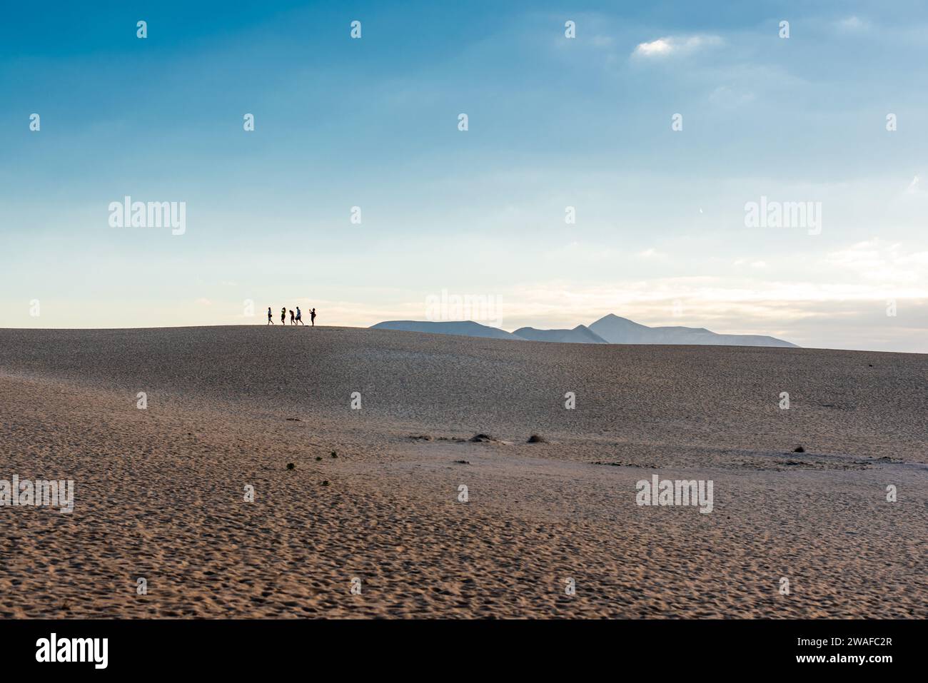 Silhouettes of people on sand dunes on Fuerteventura Stock Photo