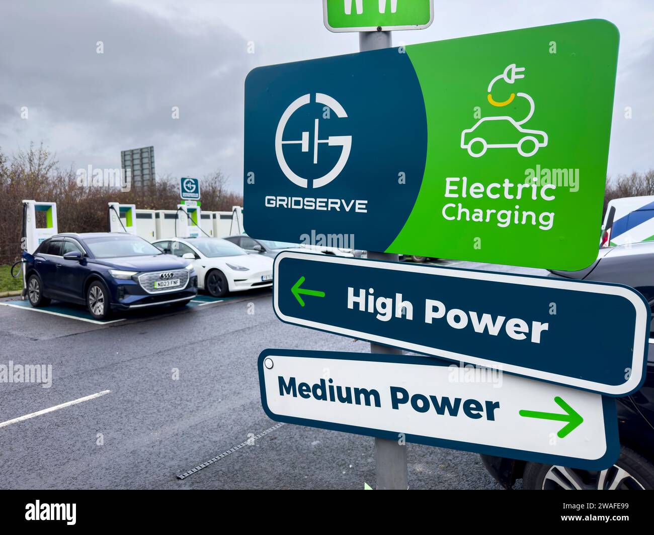 MOTO Services, Wetherby, A1, Yorkshire, England, UK.  Images of the EV electric vehicle charging points by Gridserve at the Wetherby MOTO services on Stock Photo