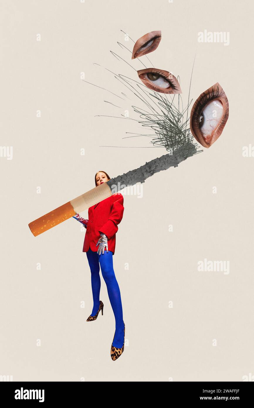 Smocking Collage Contemporary art collage. Young woman in stress starts new bad habit of ...