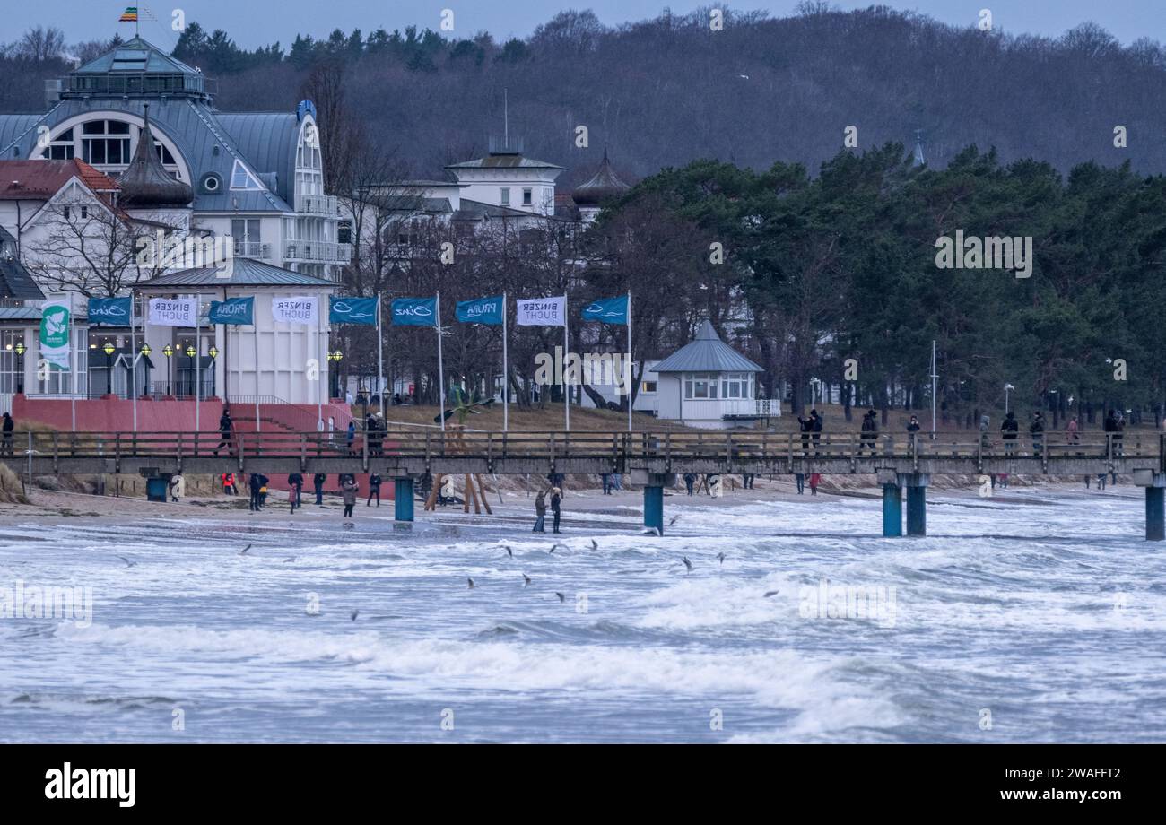 Binz, Germany. 04th Jan, 2024. Waves hit the Baltic Sea beach. The ...