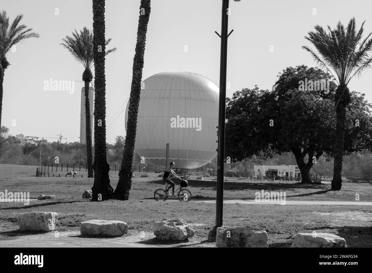 A cyclist rides on a bike path in a public park on a hot summer day. In the background a hot air balloon and trees of various types including palms Stock Photo