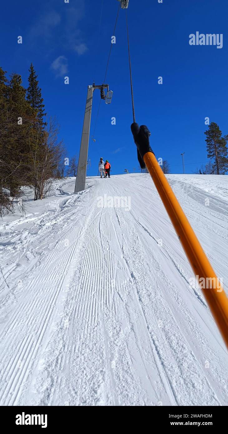 Winter city. Landscape of the city in snowy winter. Kanis in winter. Slalom slide and skiers. Stock Photo
