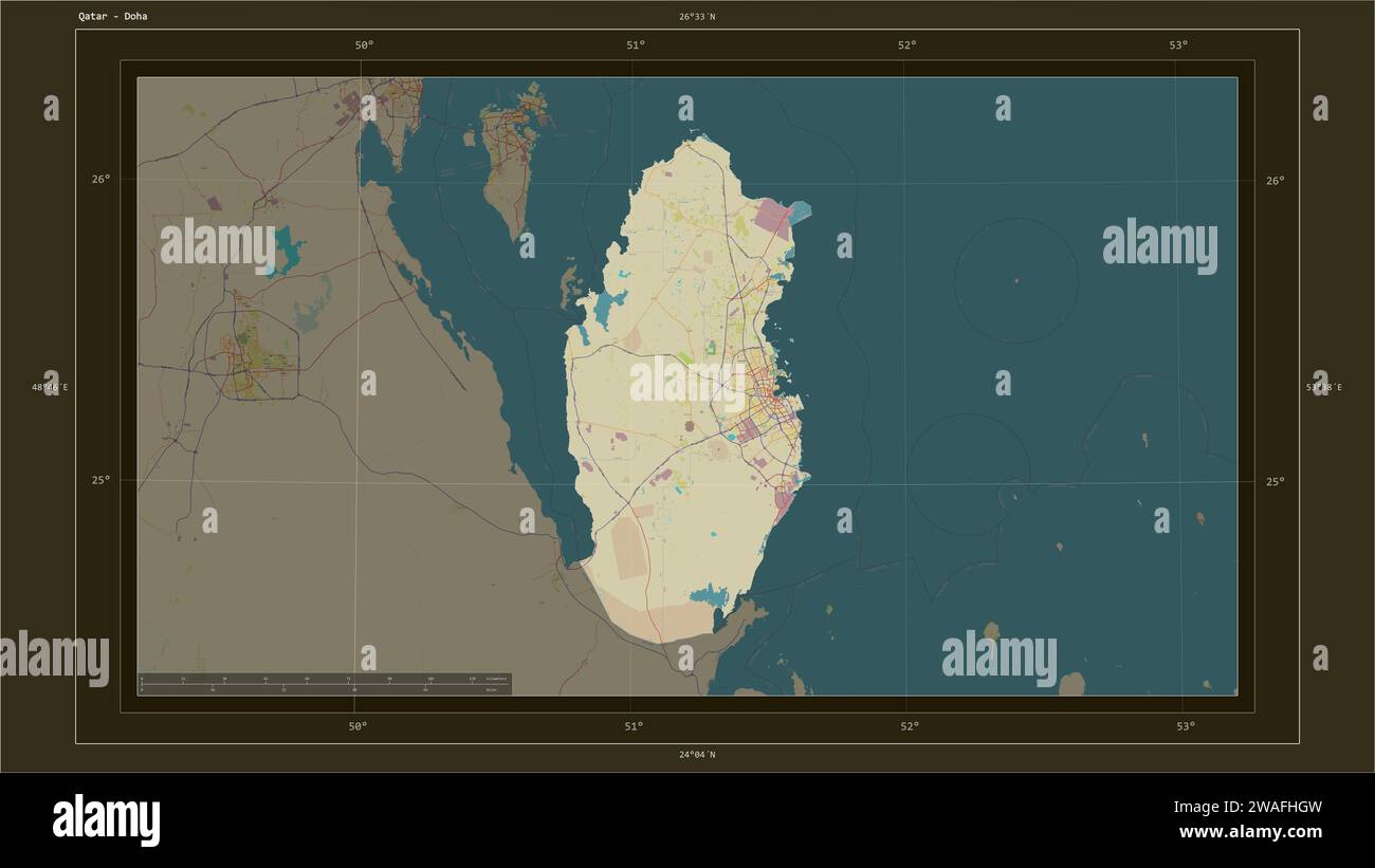 Qatar highlighted on a topographic, OSM Humanitarian style map map with ...