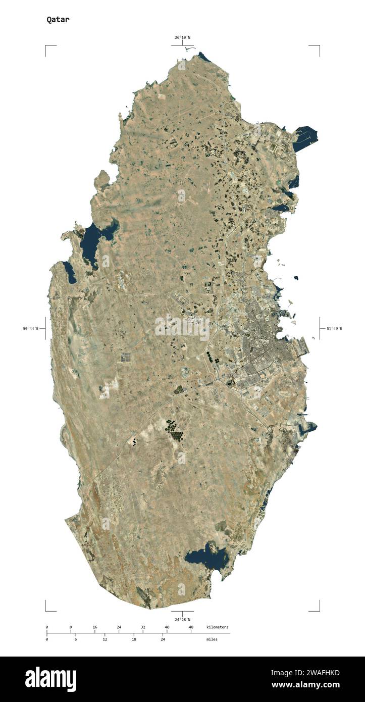 Shape of a high resolution satellite map of the Qatar, with distance ...