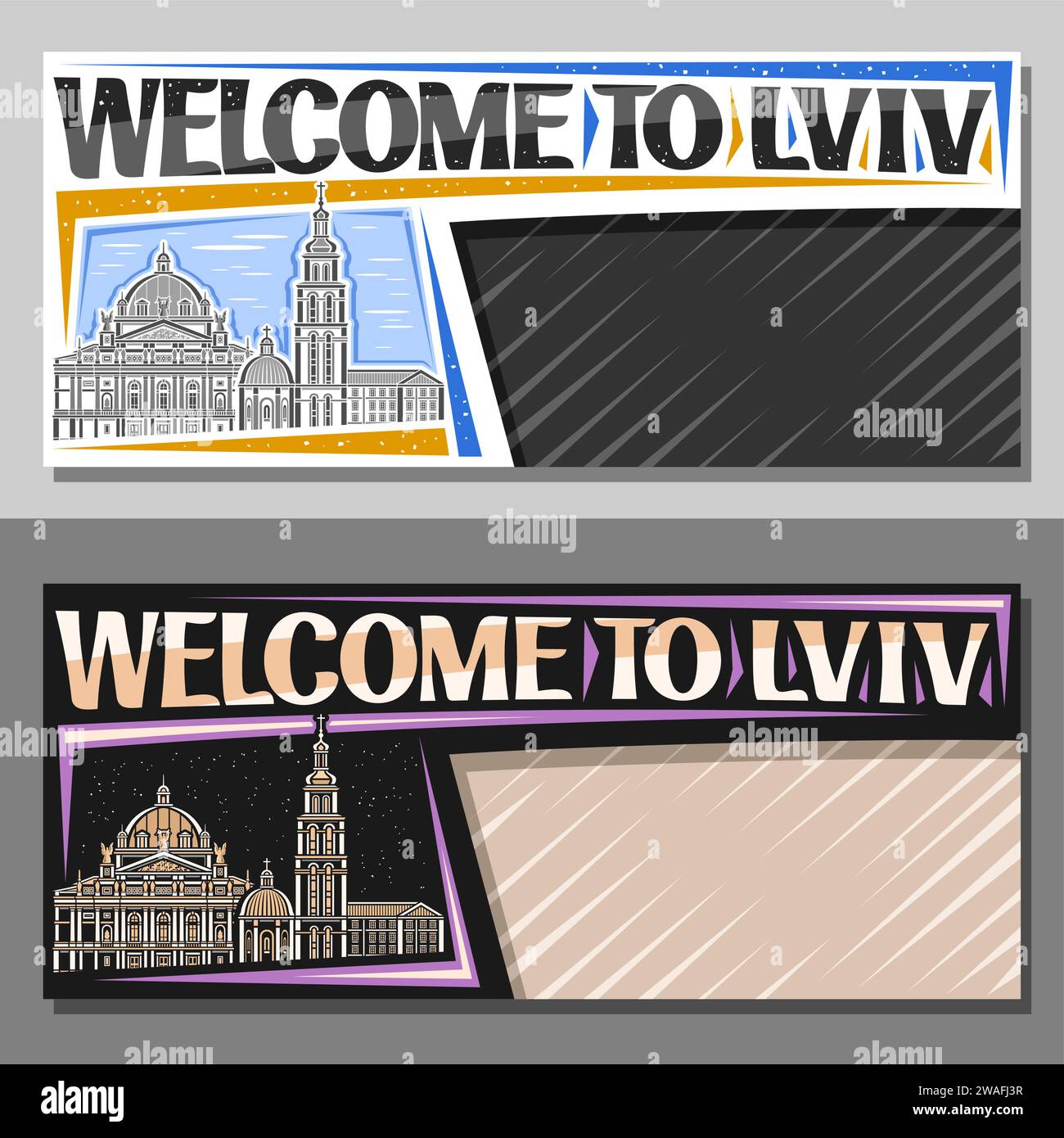 Vector banner for Lviv with blank copy space, decorative layout with outline illustration of european lviv city scape on day and dusk sky background, Stock Vector