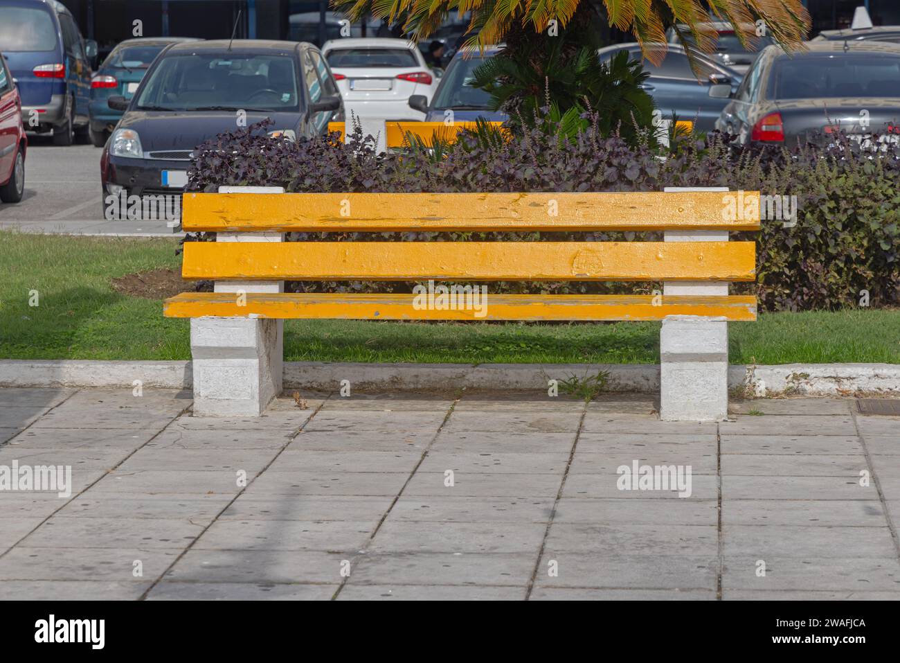 Yellow Wood Bench at Waterfront Park in Kavala Greece Stock Photo Alamy