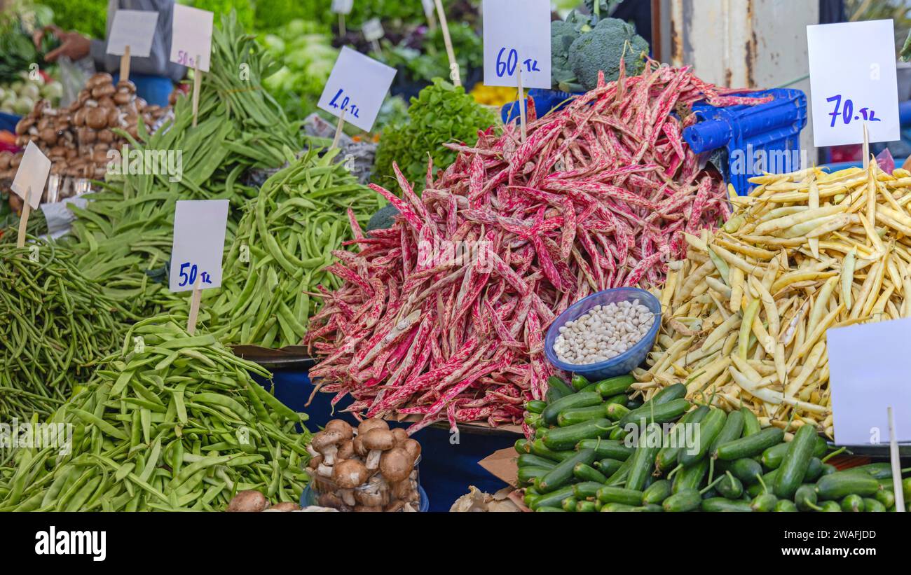 All Kind of Fresh Beans at Farmers Market Stall Stock Photo