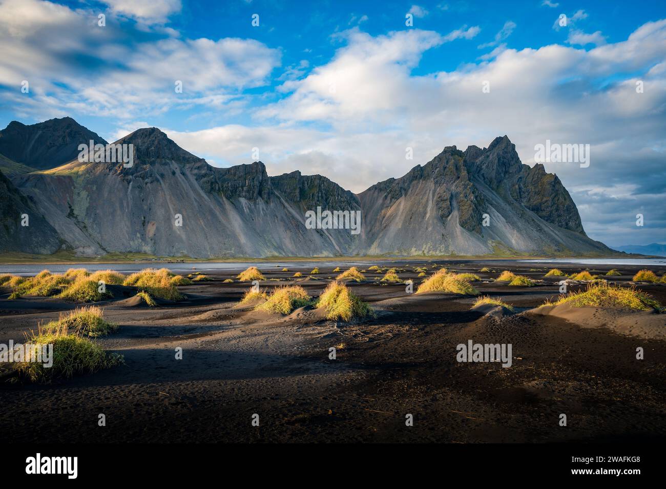 The famous Vestrahorn range and its black sand beaches, Höfn, Iceland ...