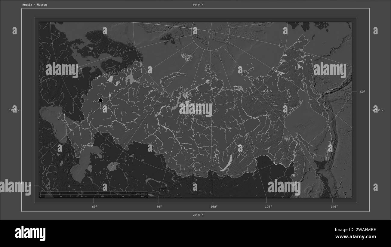 Russia Highlighted On A Bilevel Elevation Map With Lakes And Rivers Map Russia Highlighted On A Bilevel Elevation Map With Lakes And Rivers Map With The Countrys Capital Point Cartographic Grid Distance Scale And Map Bo 2WAFMBE 