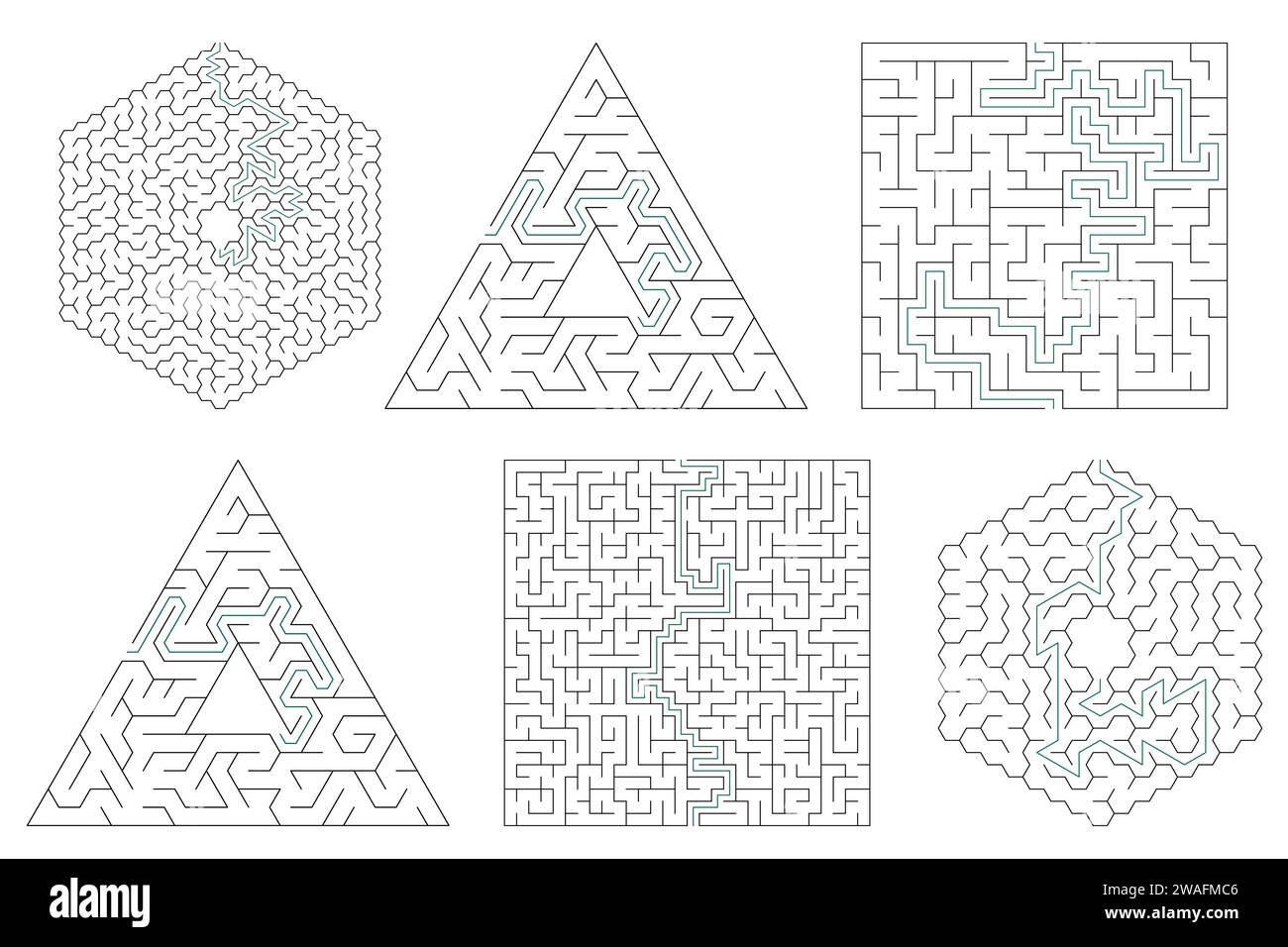 Vector mazes isolated on white background, set. Education logic game labyrinth for kids. With the solution. Stock Vector