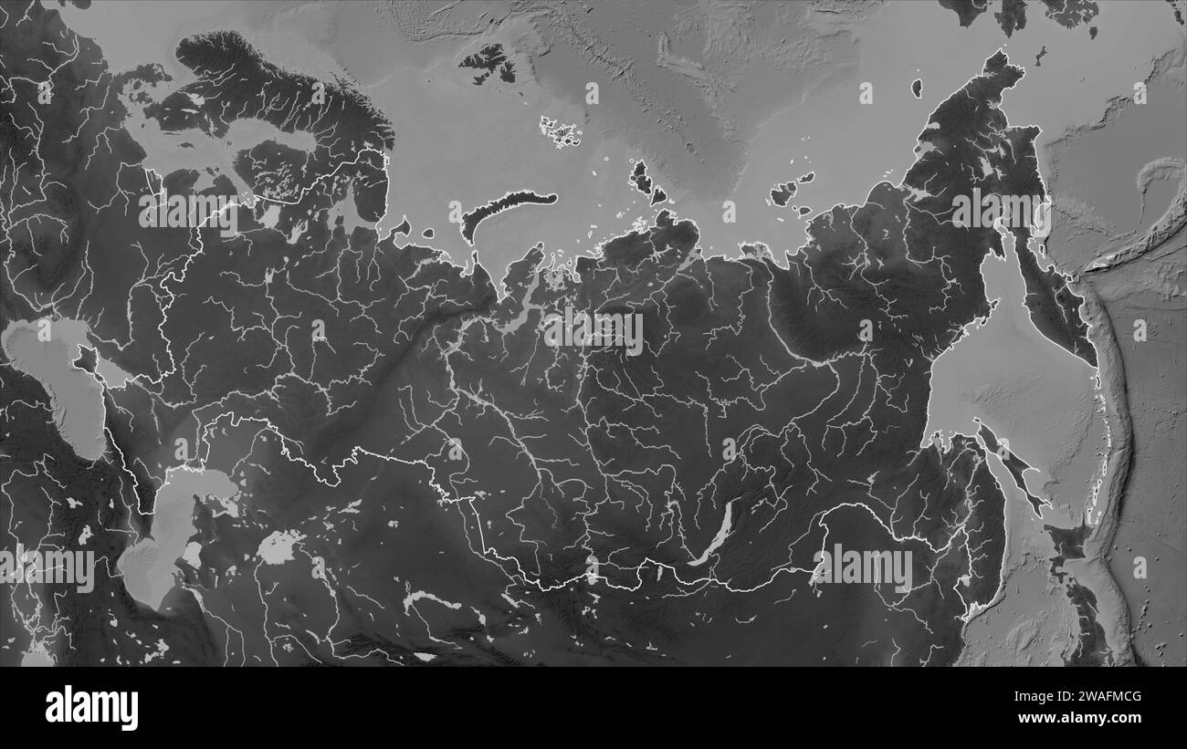 Russia outlined on a Grayscale elevation map with lakes and rivers ...