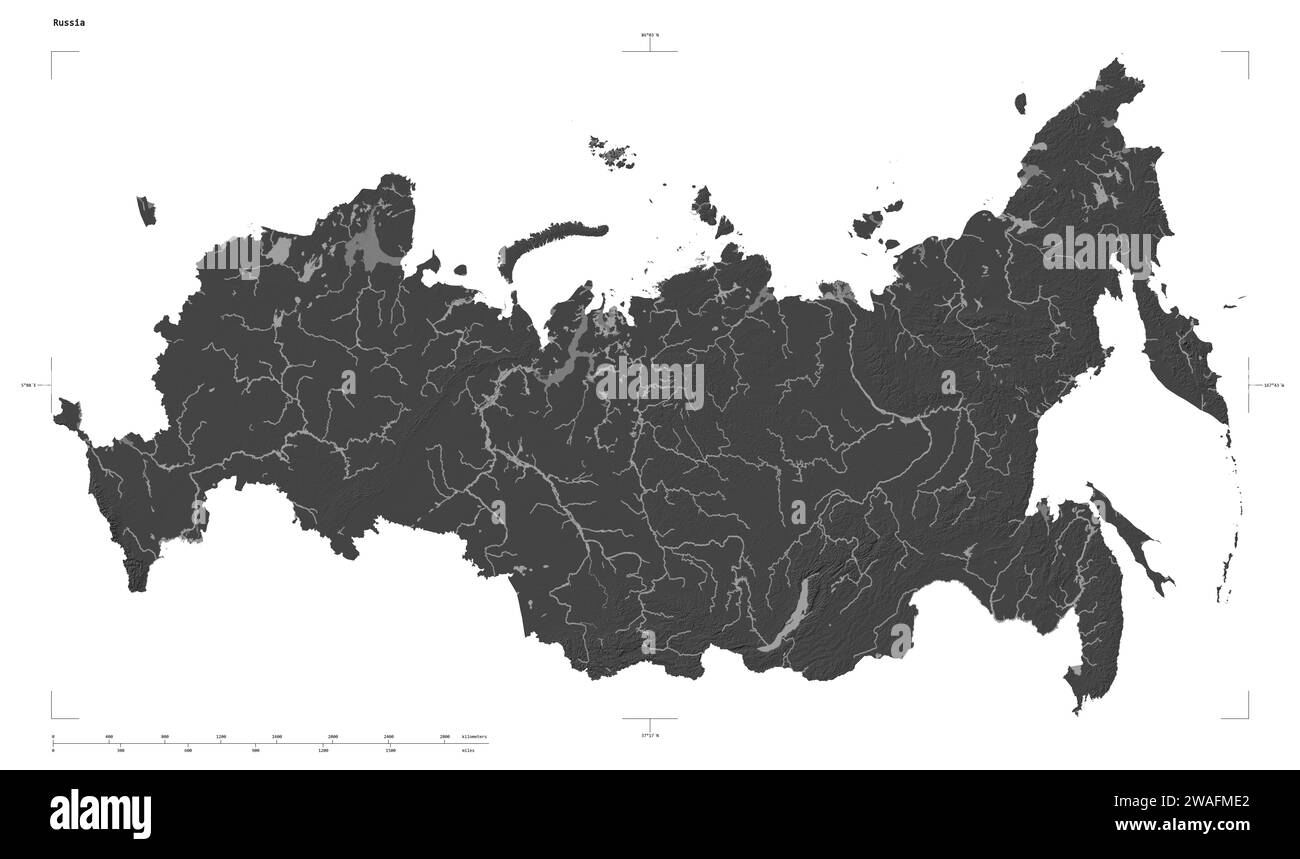 Shape of a Bilevel elevation map with lakes and rivers of the Russia, with distance scale and map border coordinates, isolated on white Stock Photo