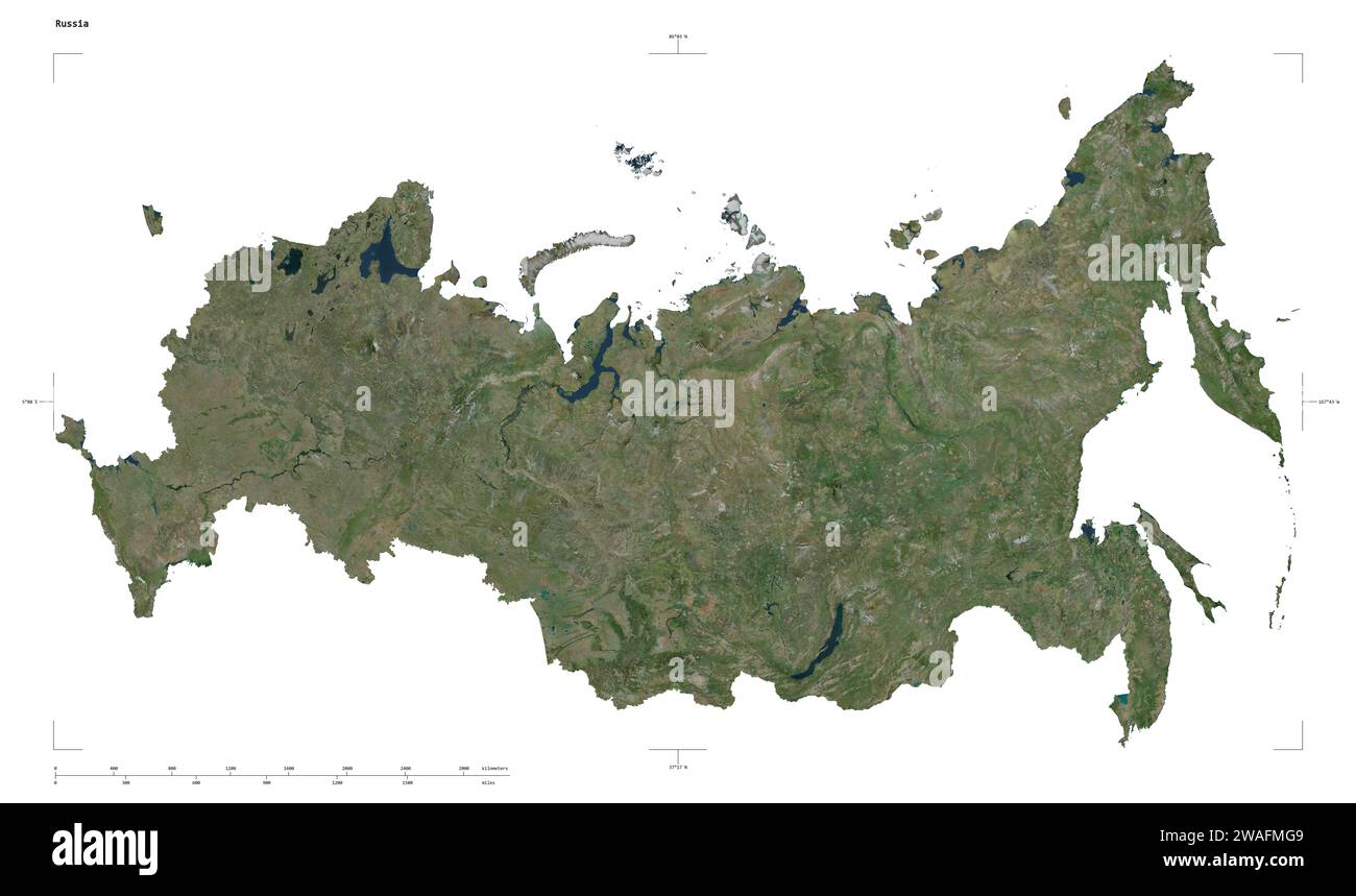Shape of a high resolution satellite map of the Russia, with distance ...