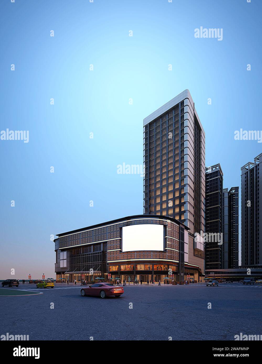3d render of skyscrapers  shopping mall exterior view at night Stock Photo