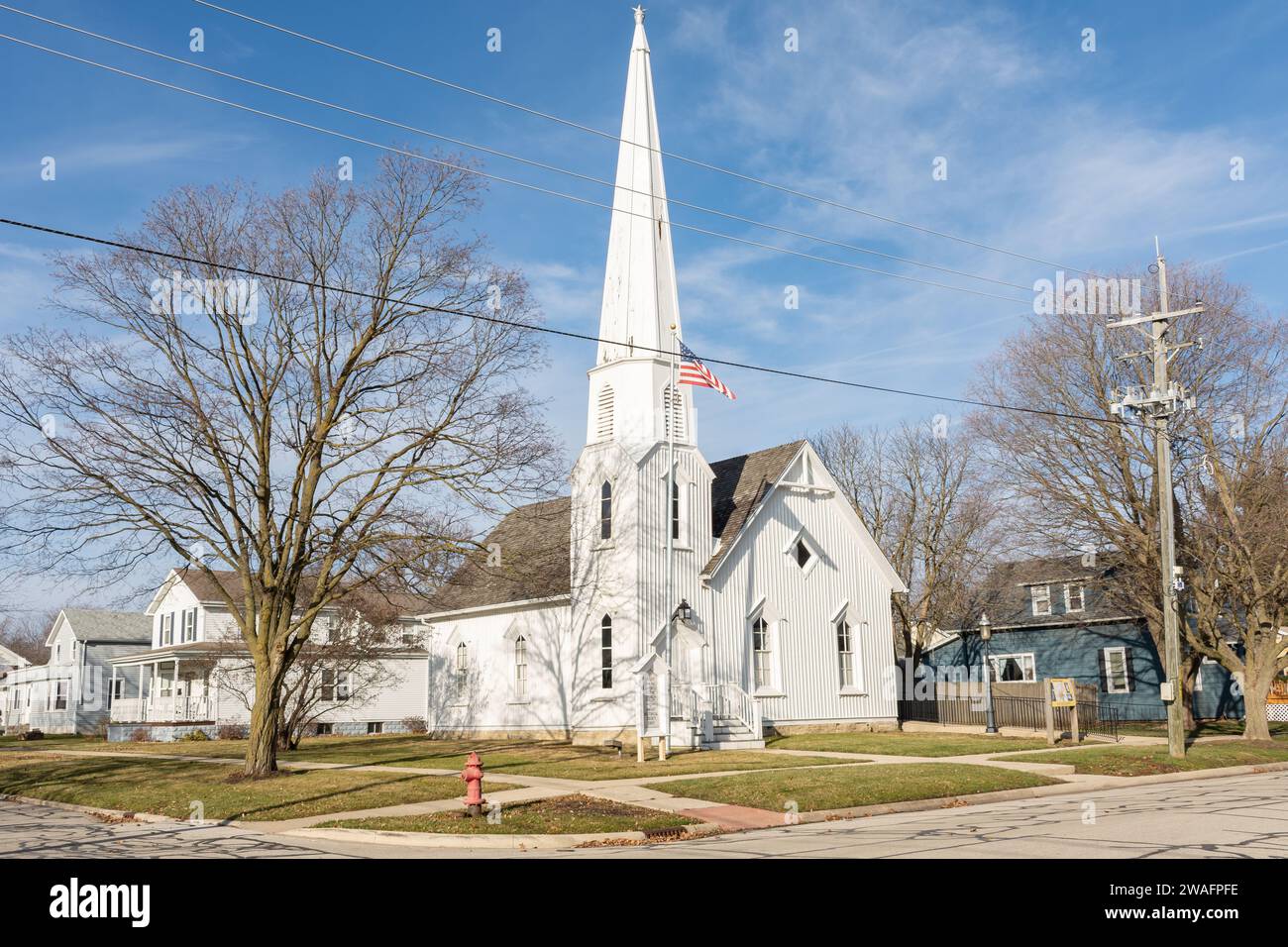 The Dwight pioneer gothic church, built in 1857, in the morning sun