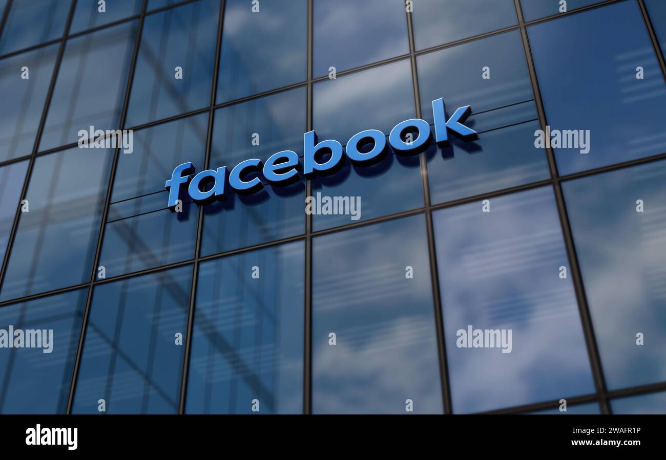 Menlo Park, USA, January 3, 2024: Facebook headquarters glass building  concept. Social media and networking service symbol logo on front facade 3d  ill Stock Photo - Alamy, image size:1300x899