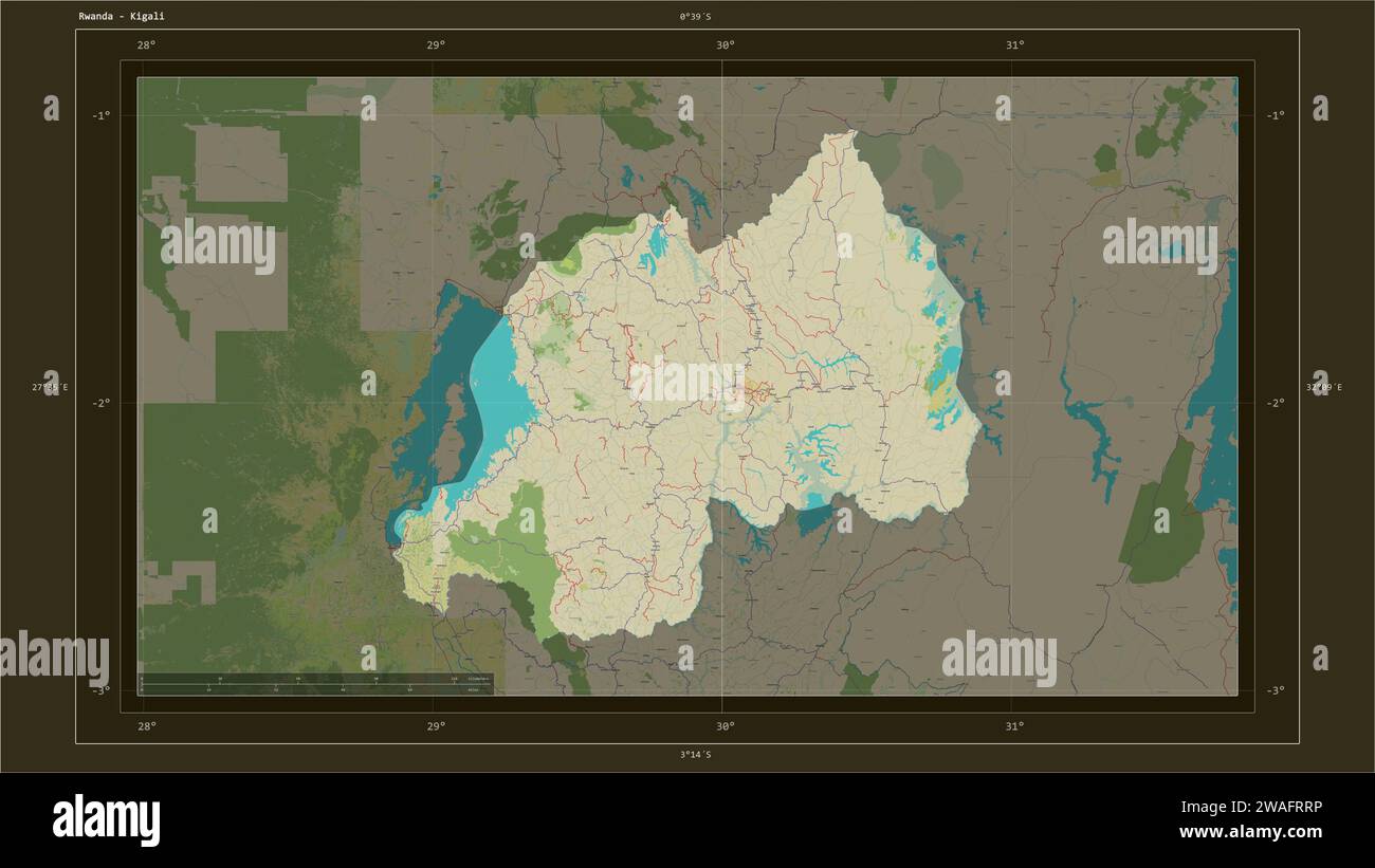 Rwanda highlighted on a topographic, OSM Humanitarian style map map ...