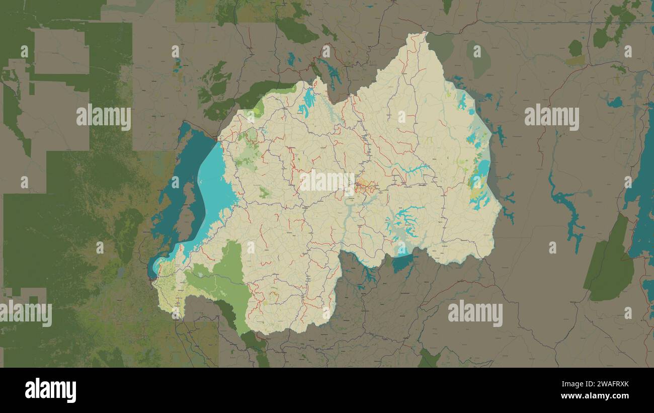 Rwanda highlighted on a topographic, OSM Humanitarian style map Stock ...
