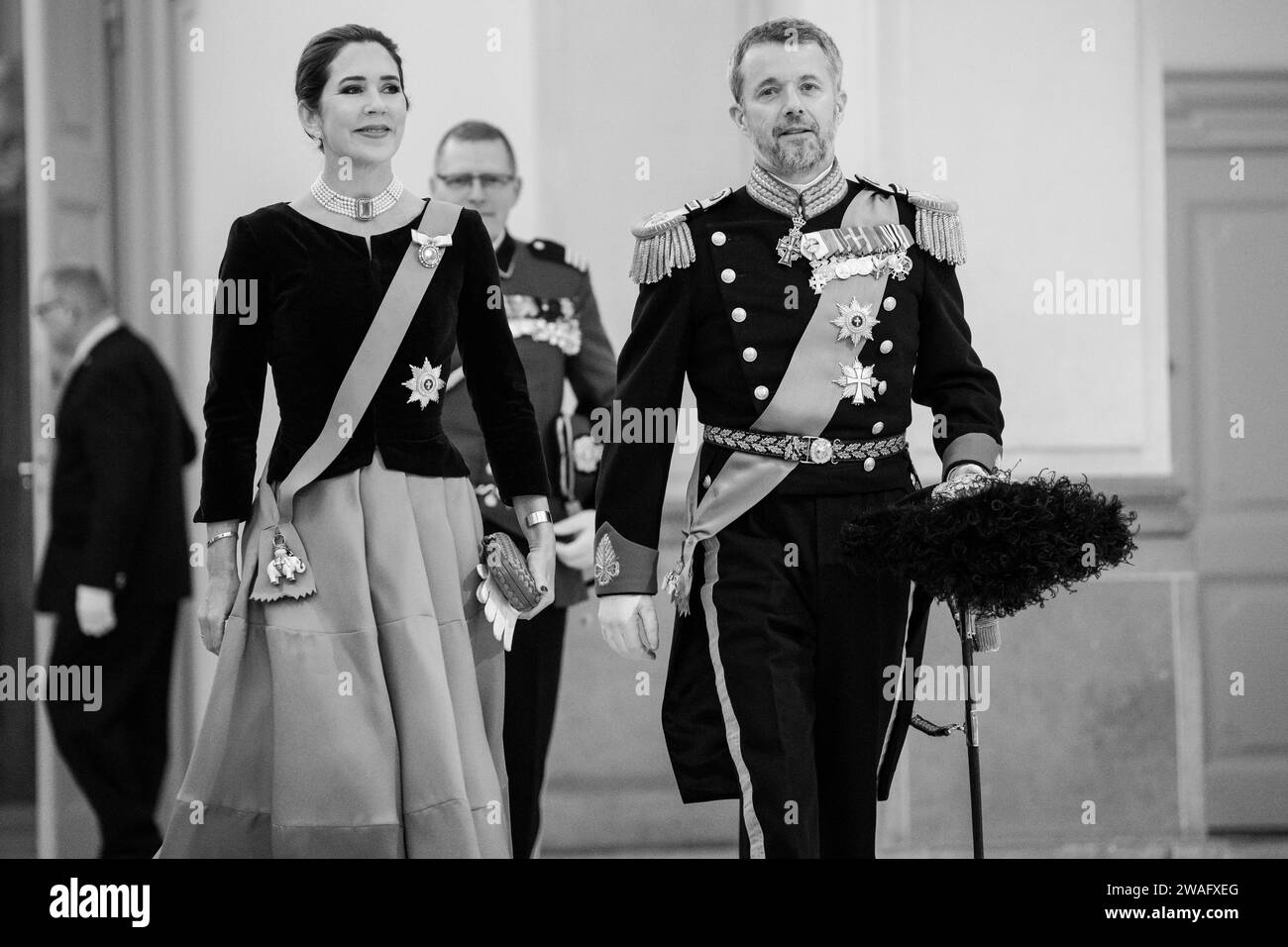 Copenhagen, Thursday 4 January 2024, Crown Prince Frederik and Crown Princess Mary arrive in connection with danish queen Margrethe holding a New Year's cure for officers from the Armed Forces and the National Emergency Management Agency, I., II. and III. rank as well as invited representatives of major national organizations and the royal patronages at Christiansborg Palace in Copenhagen, Thursday 4 January 2024.. (Photo: Mads Claus Rasmussen/Ritzau Scanpix) Stock Photo