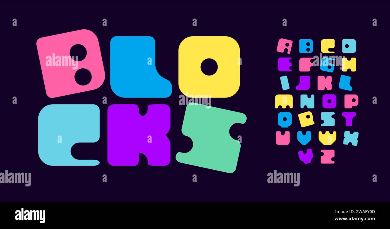 Colorful block style alphabet, unique blocks for childish toy logos, quirky, memorable signage, and standout headlines for children's zones. Vector Stock Vector