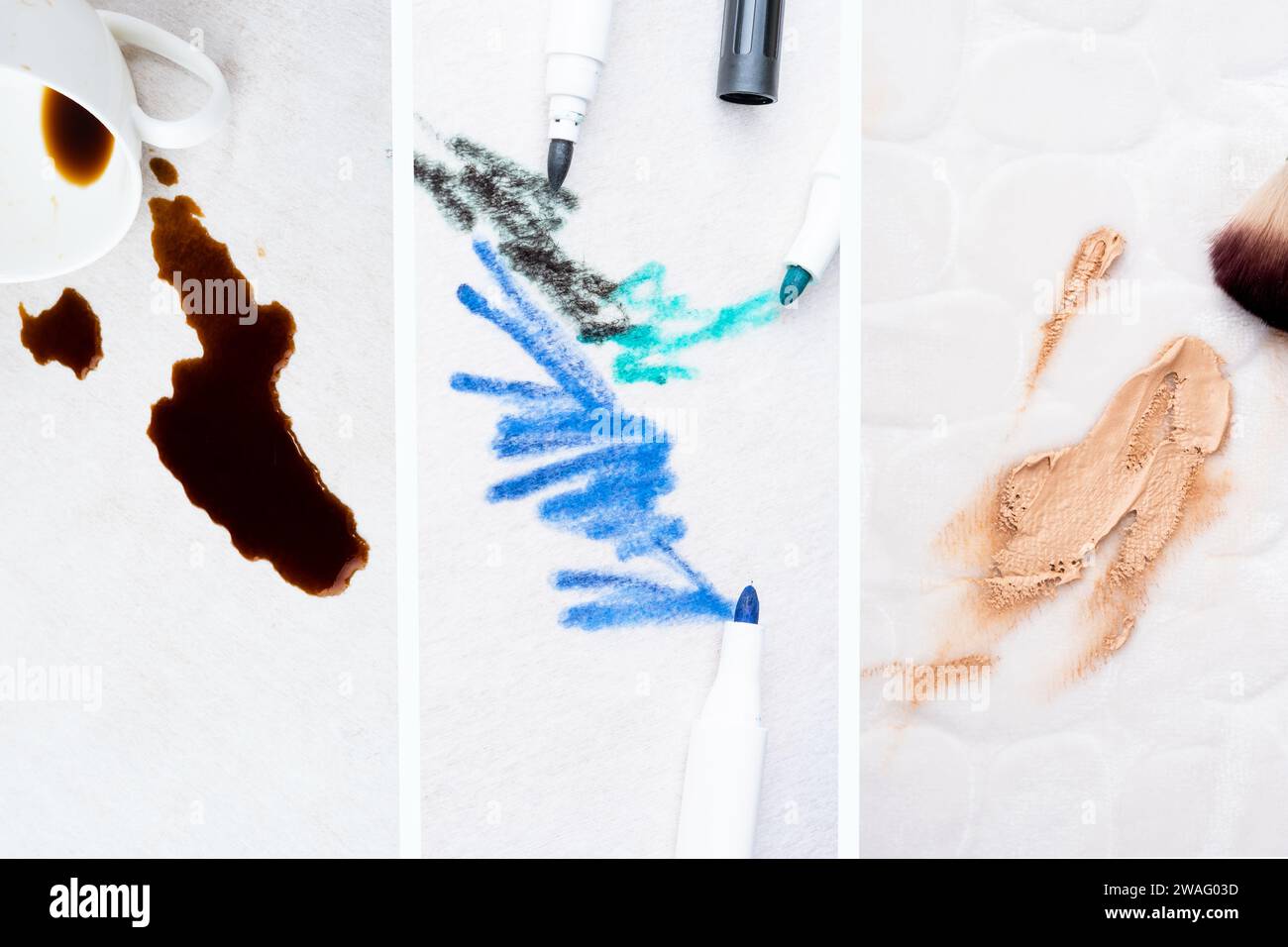 Collage of different types of stains on the upholstery of the couch or