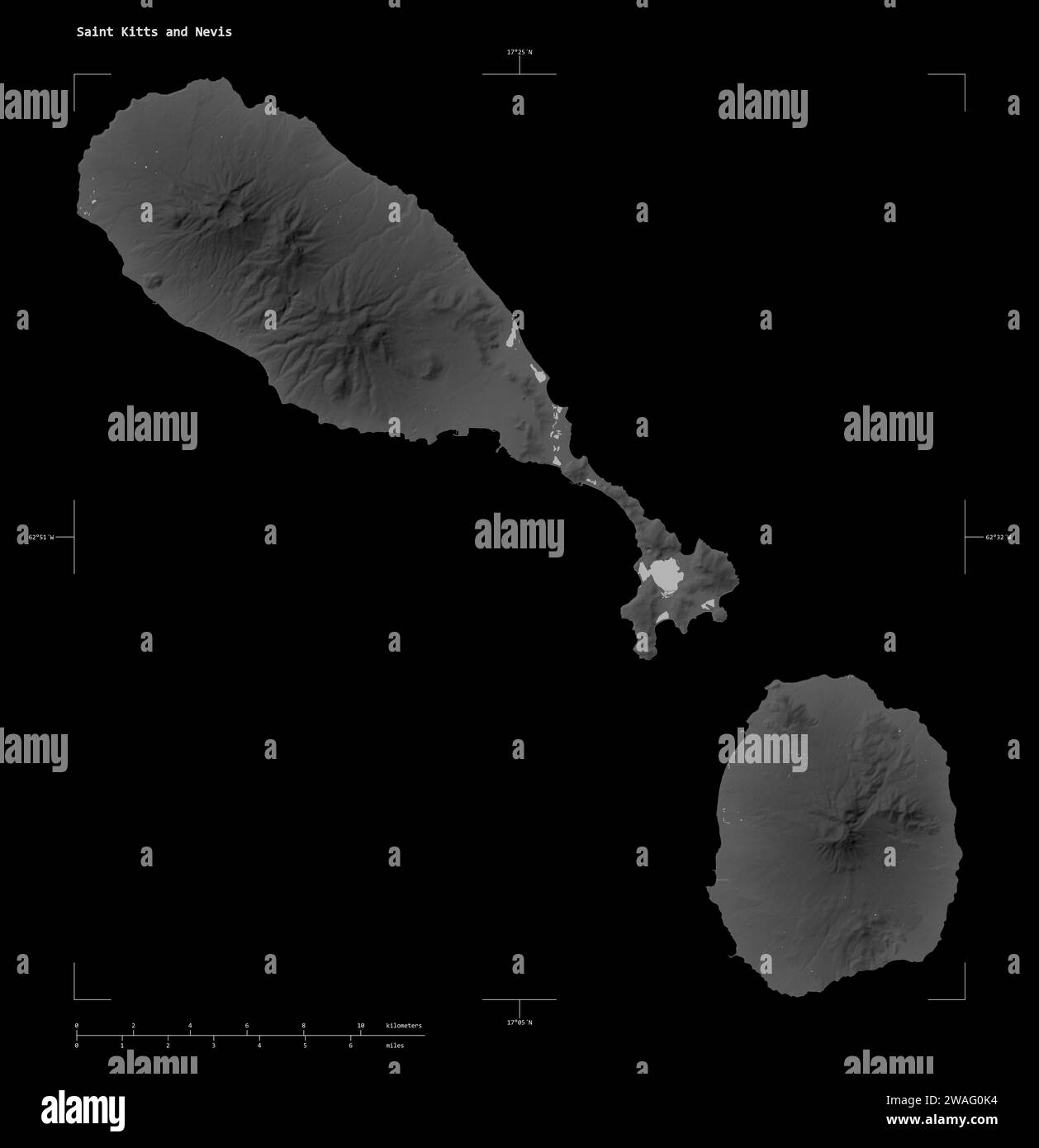 Shape of a Grayscale elevation map with lakes and rivers of the Saint Kitts and Nevis, with distance scale and map border coordinates, isolated on bla Stock Photo