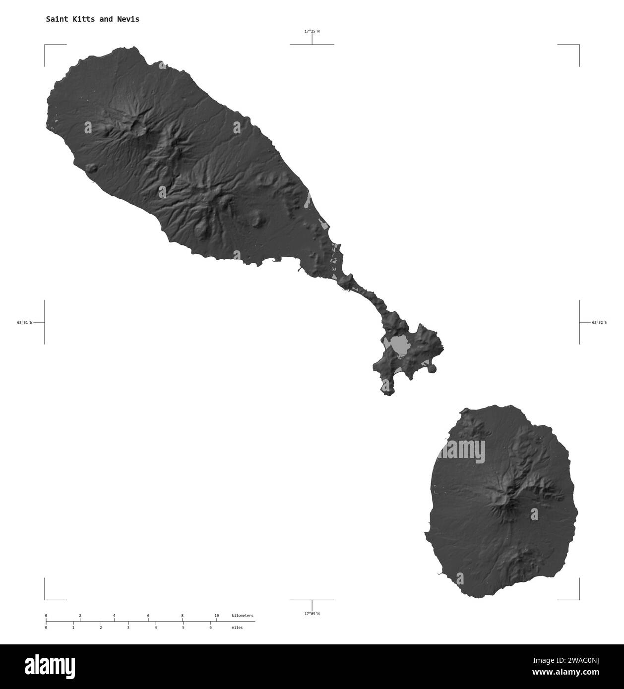 Shape of a Bilevel elevation map with lakes and rivers of the Saint Kitts and Nevis, with distance scale and map border coordinates, isolated on white Stock Photo