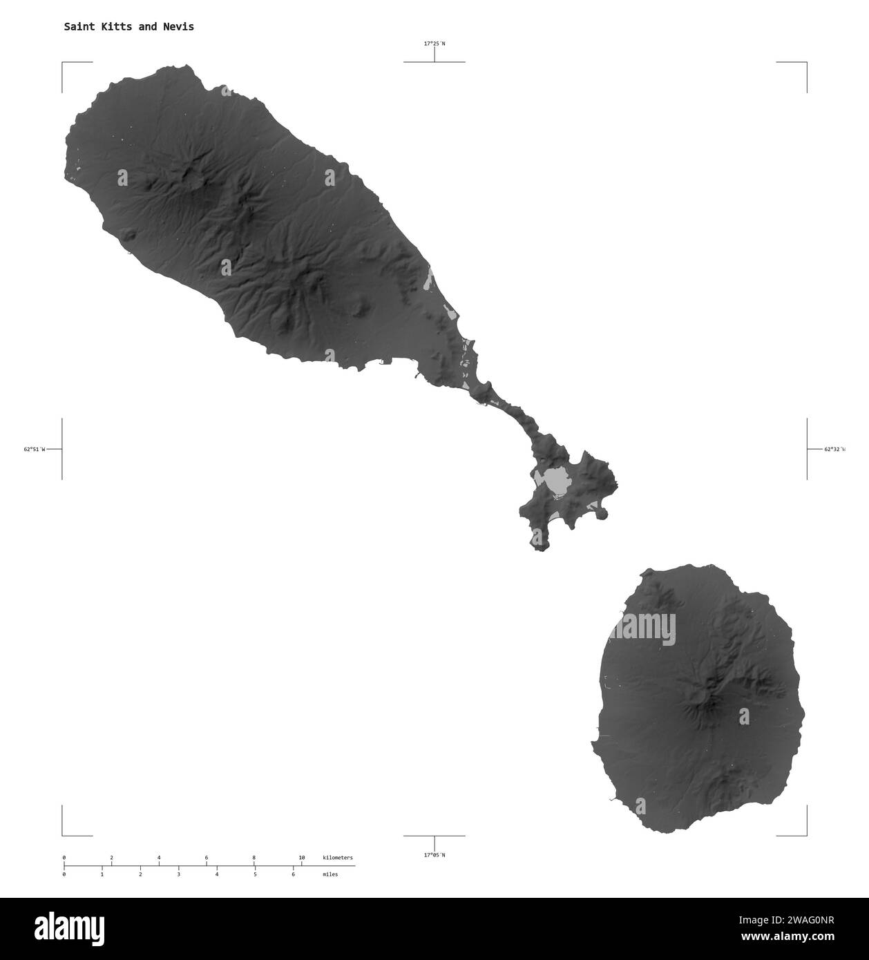 Shape of a Grayscale elevation map with lakes and rivers of the Saint Kitts and Nevis, with distance scale and map border coordinates, isolated on whi Stock Photo