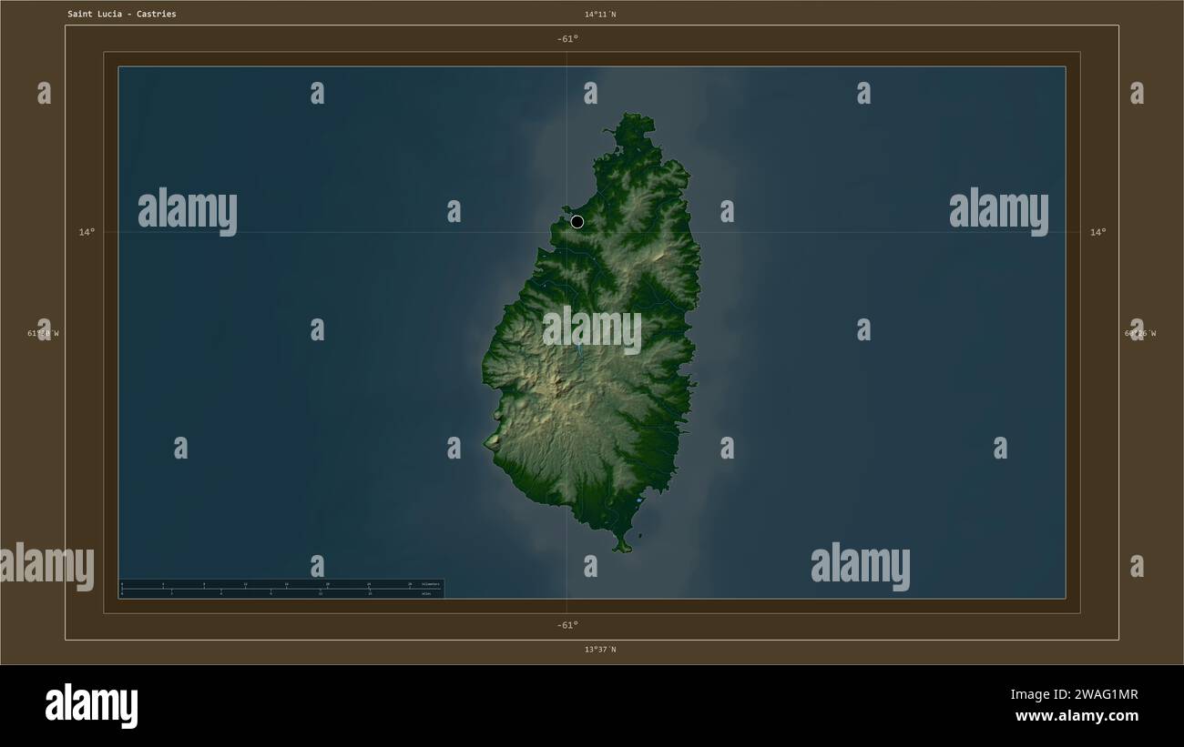 Saint Lucia highlighted on a Colored elevation map with lakes and ...