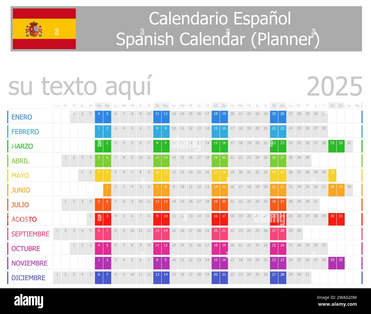 2025 Spanish Planner Calendar with Horizontal Months on white background Stock Vector Image