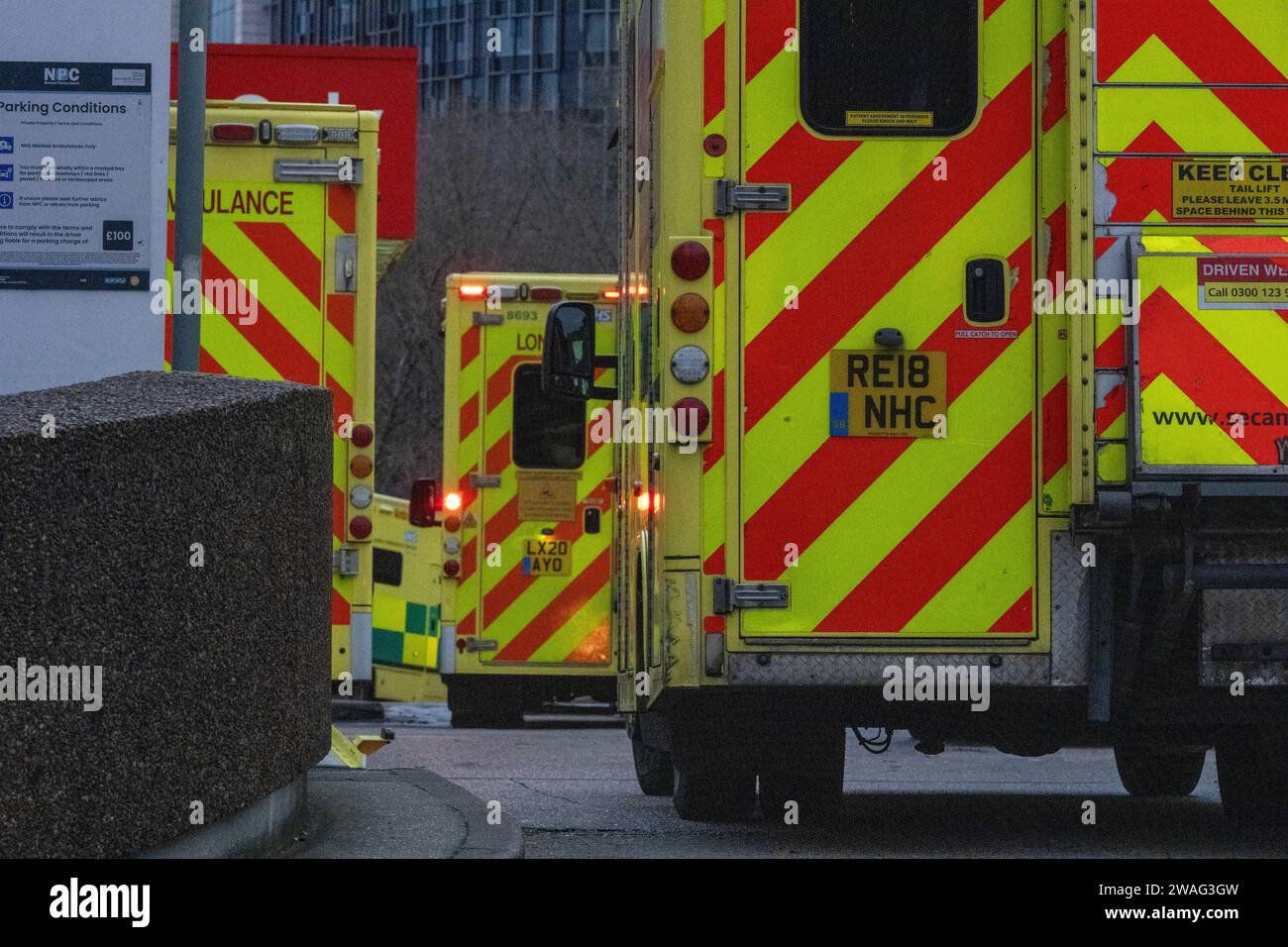 London, UK. 04th Jan, 2024. Ambulances waiting outside St Thomas' Hospital London during the Junior Doctors Strike London UK Credit: Ian Davidson/Alamy Live News Stock Photo